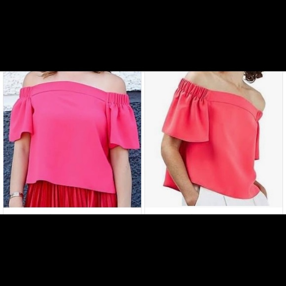 Topshop off the shoulder top in Bright Pink crepe with short flutter sleeves - Picture 2 of 4